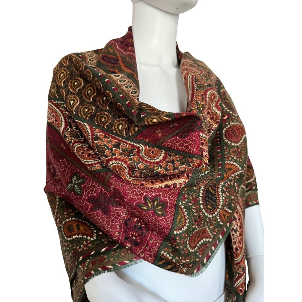 Vintage Christian Dior Boho Paisley Brown Green Wool Silk 52” Large Scarf Shawl - Picture 2 of 10